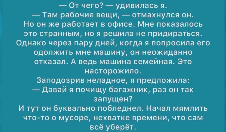 Когда Селия заметила, что её муж Адам стал странно настороженно относиться к багажнику машины, внутри закралось беспокойство.